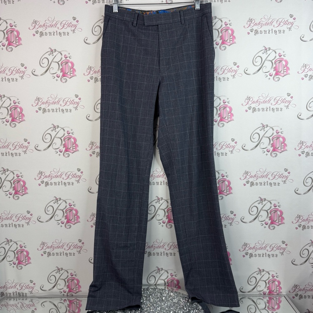 M&S collection slim Elegant plaid grey white Charcoal Checkered Dress Pants